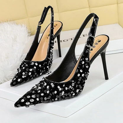 Glitter Luxury Pointed Toe Golden Thin Heels Party Dress High Heel