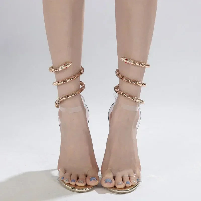 Glamorous Golden Transparent PVC Peep Toe Cover Heeled Buckle Strap Serpentine Winding High Heel