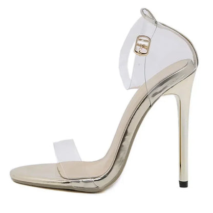 Glamorous Golden Transparent PVC Peep Toe Cover Heeled Buckle Strap Serpentine Winding High Heel