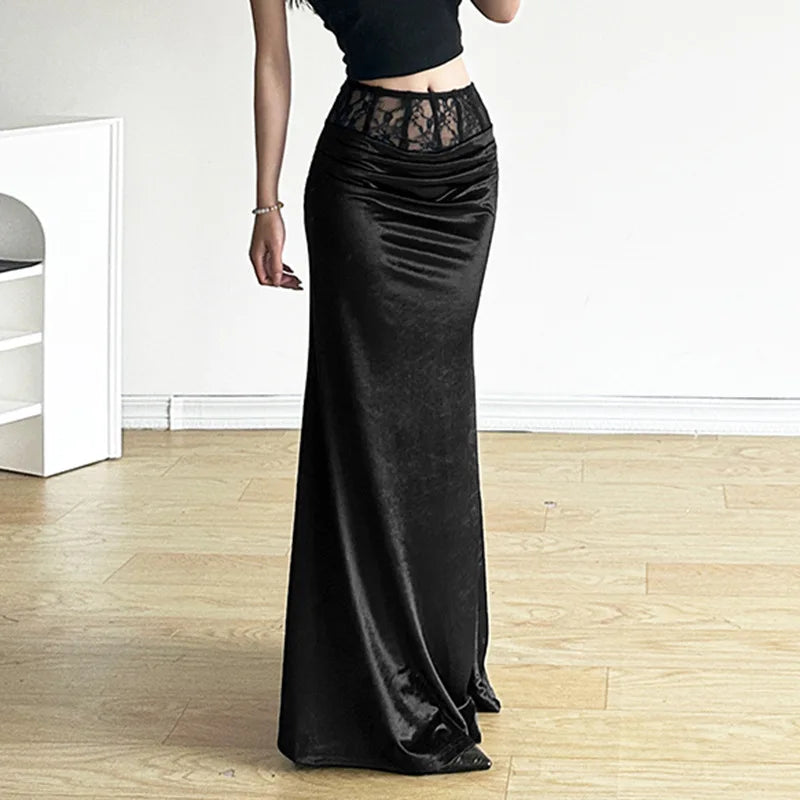 Goth Dark Elegant Mall Gothic Velvet Trumpet Y2k Partywear Lace Patchwork Sexy Long Skirt