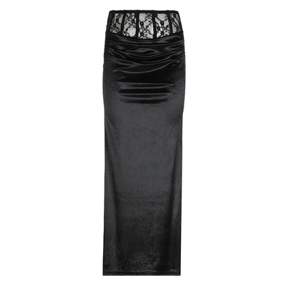 Goth Dark Elegant Mall Gothic Velvet Trumpet Y2k Partywear Lace Patchwork Sexy Long Skirt