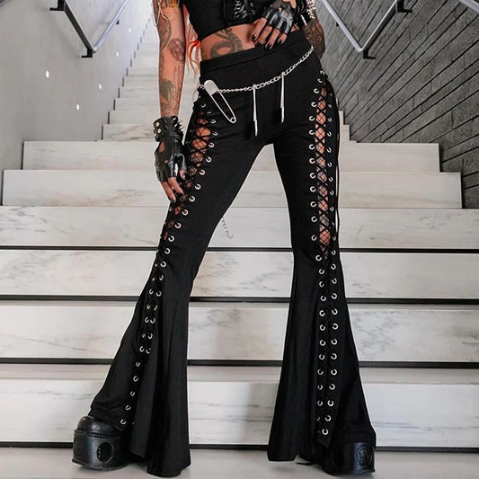 Goth Dark Grunge Streetwear Black Bandage Pants Hollow Flare Pants