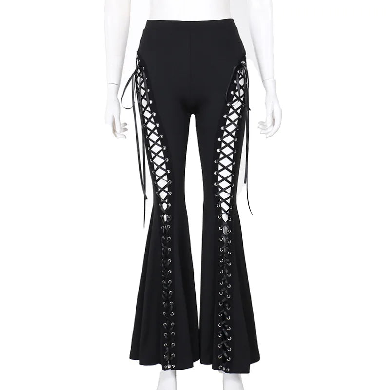 Goth Dark Grunge Streetwear Black Bandage Pants Hollow Flare Pants