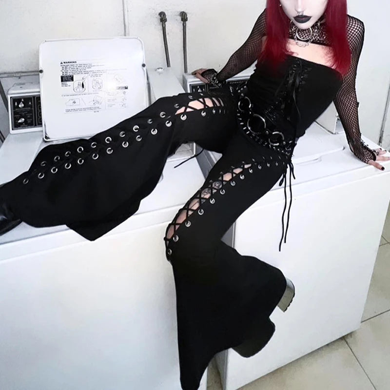 Goth Dark Grunge Streetwear Black Bandage Pants Hollow Flare Pants