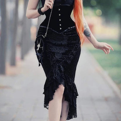 Goth Dark Vintage Mall Gothic Ruffles Mermaid Grunge Aesthetic Lace Hem Midi Women Elegant Skirt