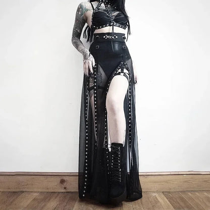 Goth Mesh Perspective Side Slit Lace Up Dark Aesthetical Summer Skirt