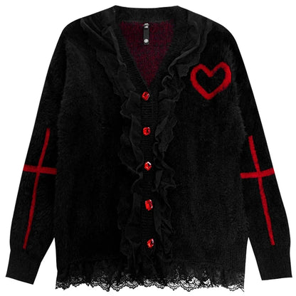 Gothic Black Red V-neck Loose Punk Oversized Cardigan