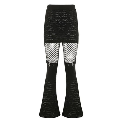 Gothic Flare Fishnet Patchwork Bandage Wide Leg Summer Punk Baggy Pants