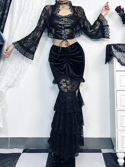 Gothic Folding Fishtail Multi-layer Splicing Split Woman Velvet High Waist Lace Patchwork Mermaid Skirt