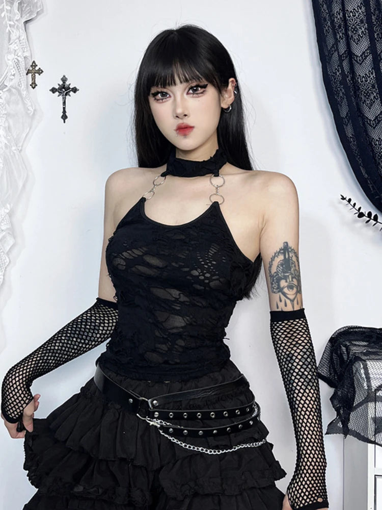 Gothic Halter Cyberpunk Y2K Backless Ring Bodycon Harajuku Basic Sexy Crop Top