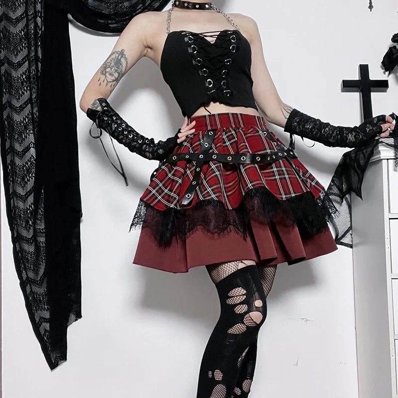 Gothic Harajuku Girls Plaid Pleated Sweet Lace Kawaii Y2k Costume Skirt