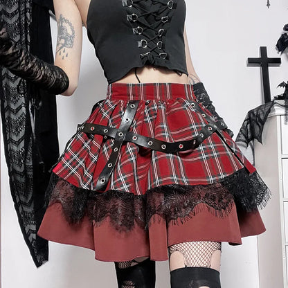 Gothic Harajuku Girls Plaid Pleated Sweet Lace Kawaii Y2k Costume Skirt