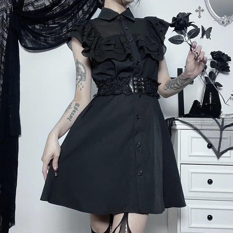 Gothic Mall Harajuku E-Girl Dress Mesh Patchwork Black Slim A-Line Sexy Party Grunge Aesthetic Streetwear Dress