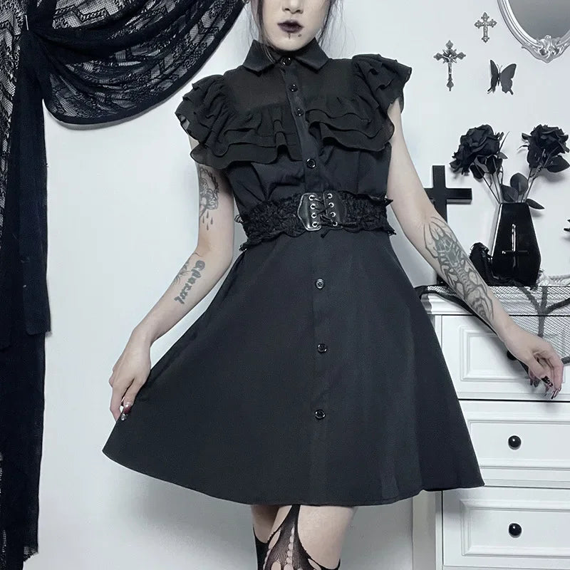 Gothic Mall Harajuku E-Girl Dress Mesh Patchwork Black Slim A-Line Sexy Party Grunge Aesthetic Streetwear Dress