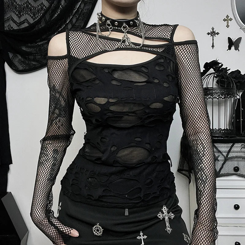 Gothic Mesh Hole Slim Fit Fishnet Sheer Mock Neck Cut Out Rave See Through Crop Top