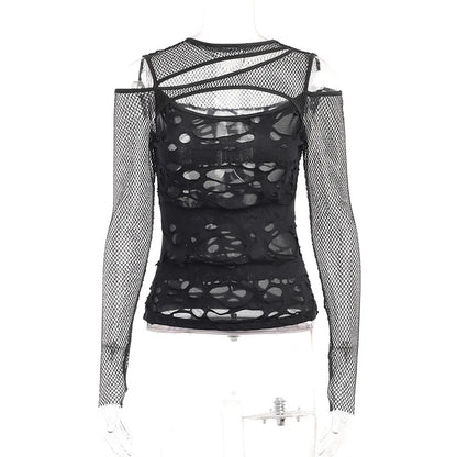 Gothic Mesh Hole Slim Fit Fishnet Sheer Mock Neck Cut Out Rave See Through Crop Top