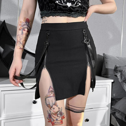 Gothic Zip Split Sexy Women Mini Grunge Strap Black High Waist Pencil E-girl Skirt