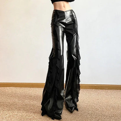 Gothic Zip Women Casual Flare Pants Faux PU Mesh Pants