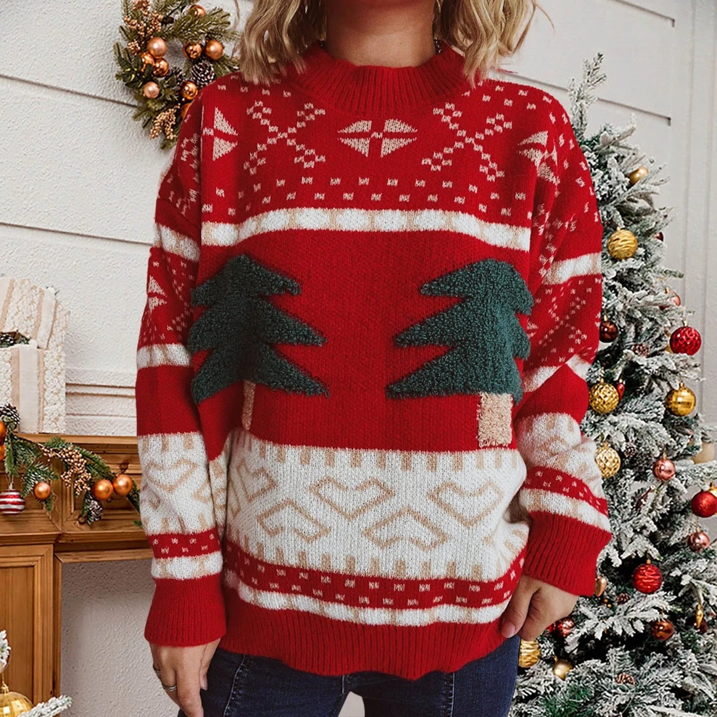 Green Christmas Sweater with Tree Embroidery - Casual Loose Retro Style