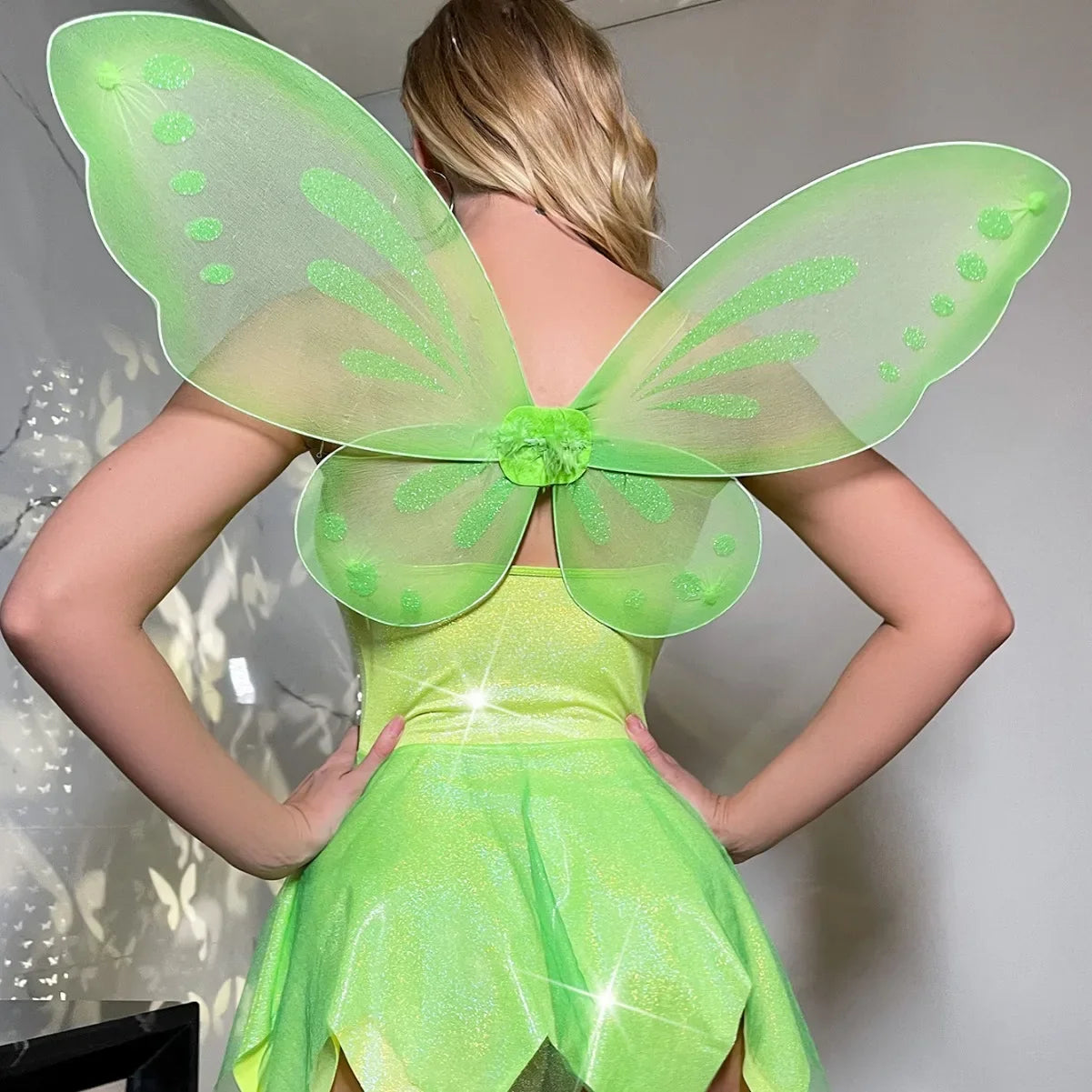 Green Short Tinker Bell Fairy Wings Role Play Birthday Party Cosplay Costume