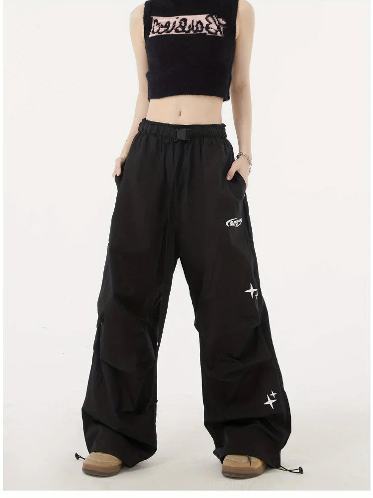 Gothic Hippie Black Cargo Parachute Y2k Cyber Punk Oversize Jogging Pant