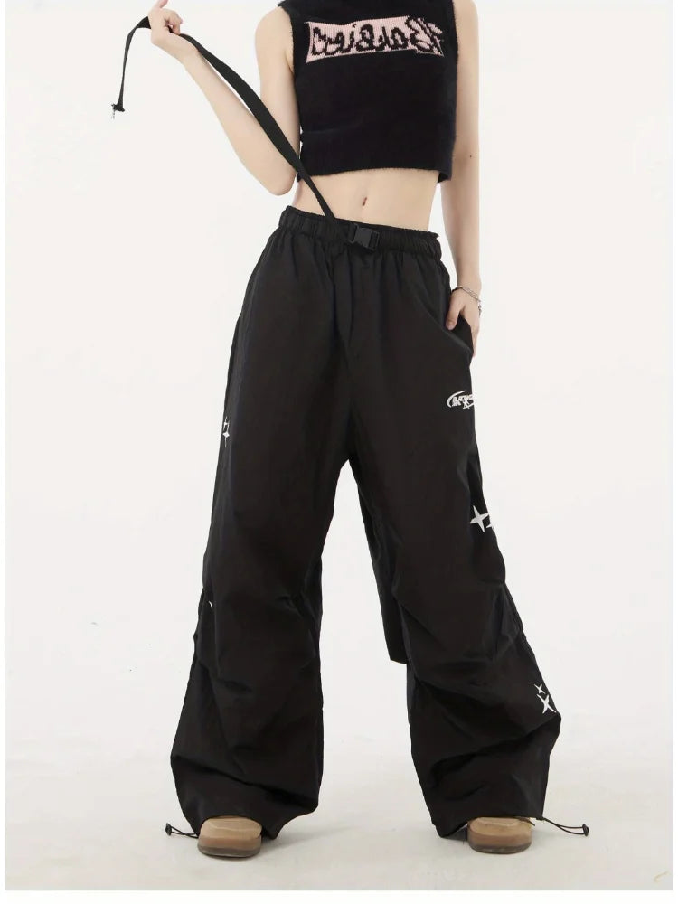 Gothic Hippie Black Cargo Parachute Y2k Cyber Punk Oversize Jogging Pant