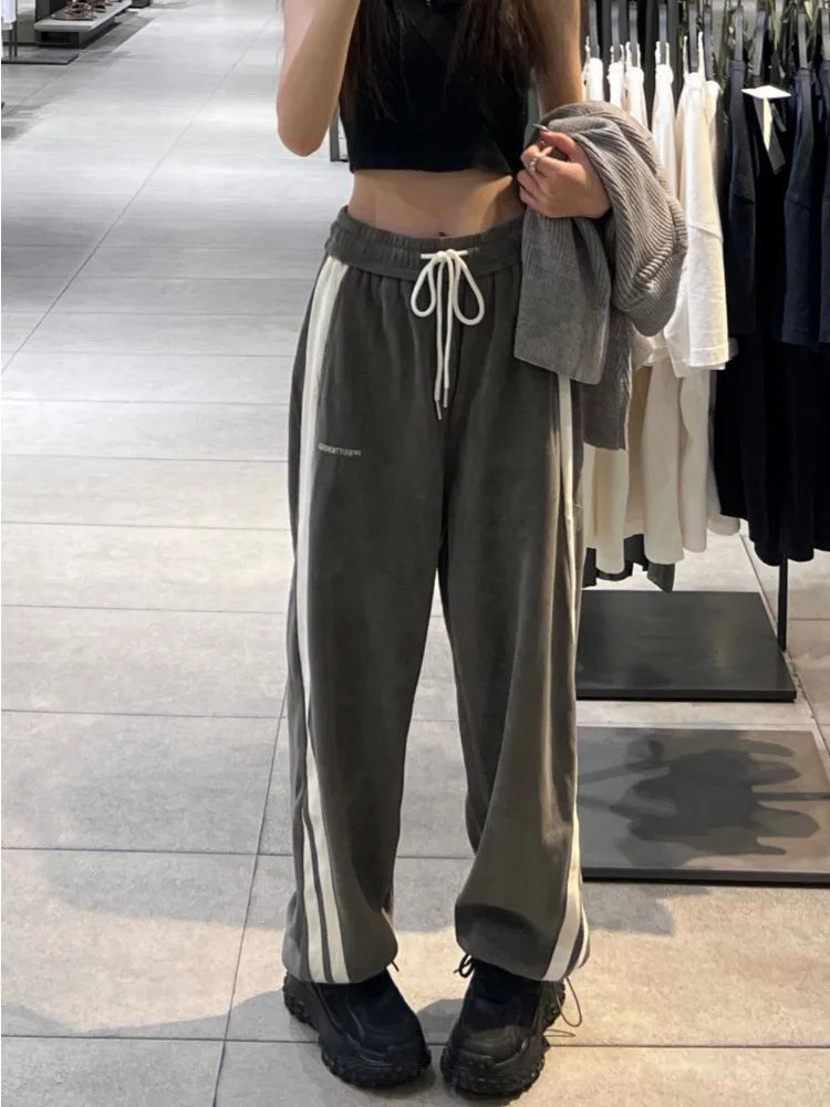 Harajuku Gray Corduroy Side Striped Baggy Jogger Wide Leg Pant