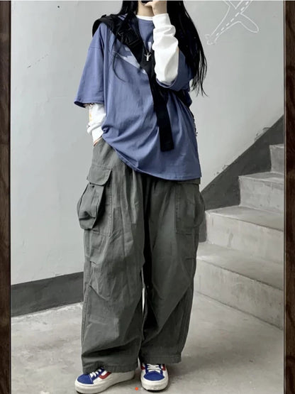 Gray Cargo Women Harajuku Grunge Baggy Japanese Style Oversize Wide Leg Pant