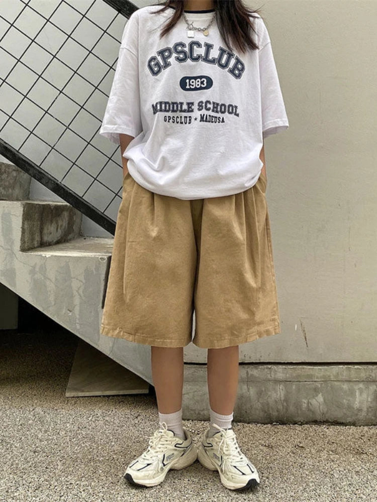 Harajuku Oversize Khaki Cargo Shorts Japanese Style Streetwear Wide Leg Black Pant