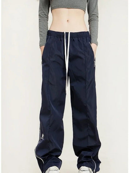 Hip Hop Striped Oversize Zipper Wide Leg Jogger Sports Female Kpop Pant