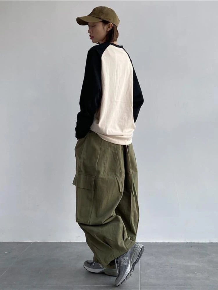 Green Cargo Women Y2K Hippie Kpop Harajuku Oversize Wide Leg Pant