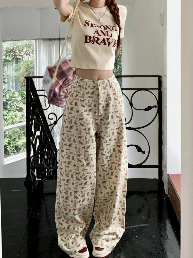 Kawaii Korean Cartoon Print Beige Harajuku Kpop Oversize Wide Y2K Pant