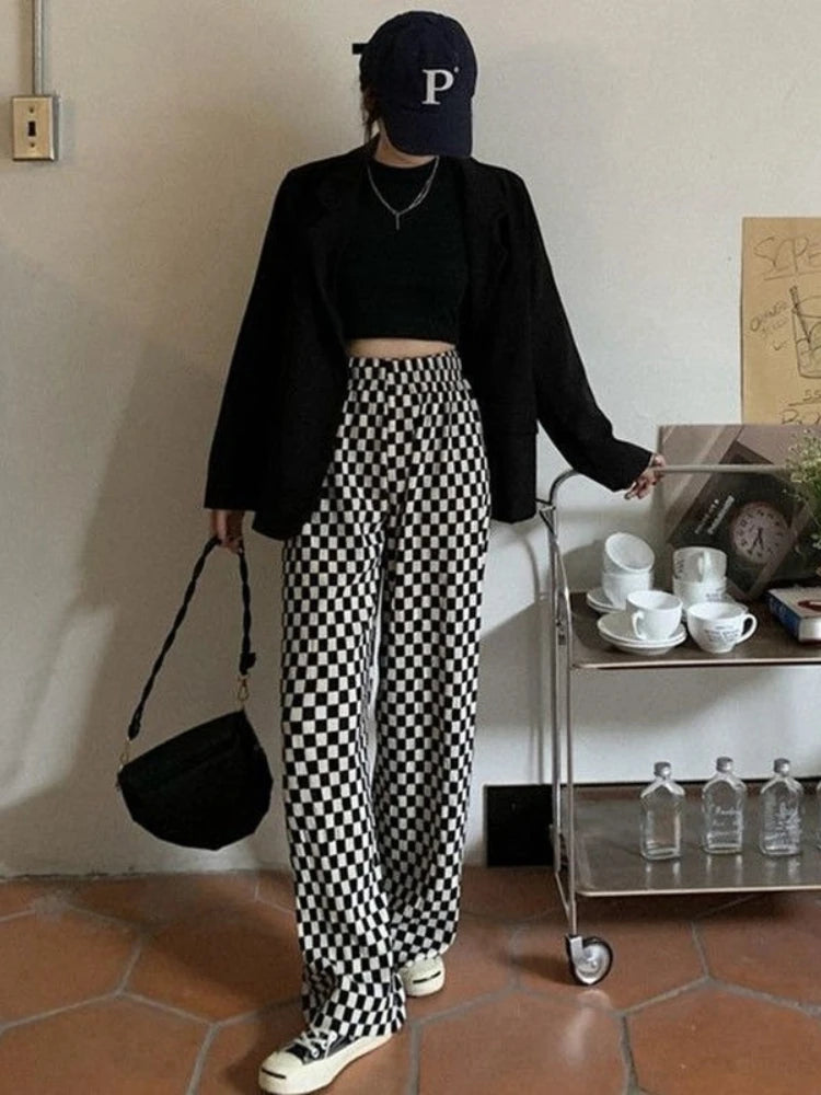 Black White Plaid Women Harajuku Wide Leg Checkerd Streetwear Pant