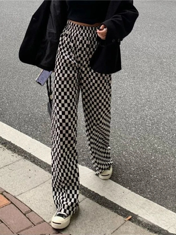 Black White Plaid Women Harajuku Wide Leg Checkerd Streetwear Pant