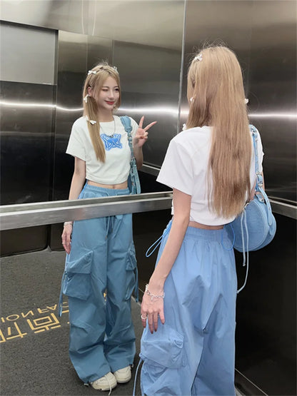 Korean Style Blue Cargo Y2K Streetwear Retro Parachute Oversize Pant