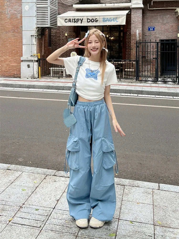 Korean Style Blue Cargo Y2K Streetwear Retro Parachute Oversize Pant