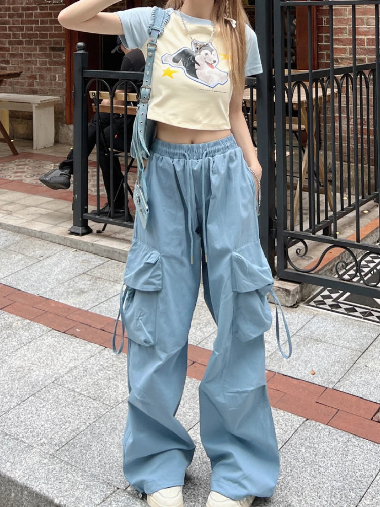 Korean Style Blue Cargo Y2K Streetwear Retro Parachute Oversize Pant