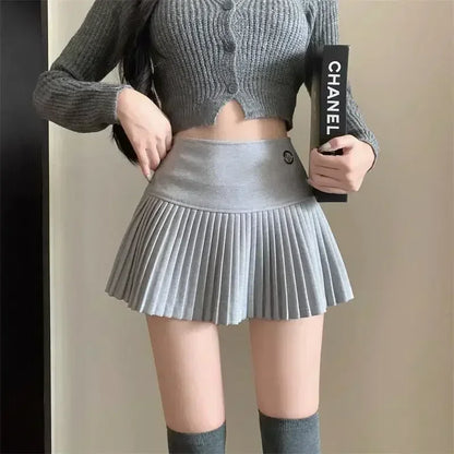 Woolen Pleated Cute Sexy High Waist A-line Patchwork Vintage Skirt