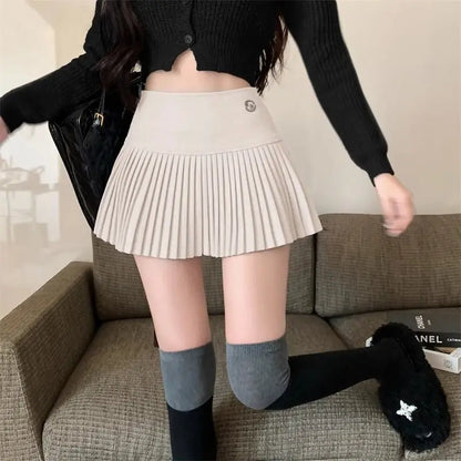 Woolen Pleated Cute Sexy High Waist A-line Patchwork Vintage Skirt