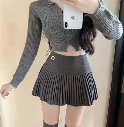 Woolen Pleated Cute Sexy High Waist A-line Patchwork Vintage Skirt