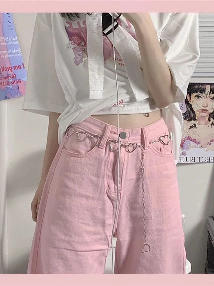 Pink Low Rise Wide Leg Denim Women Y2K Kawaii Fashion Pant