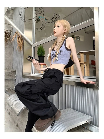 Y2K Kpop Black Cargo Harajuku Streetwear Drawstring Pockets Green Wide Pant