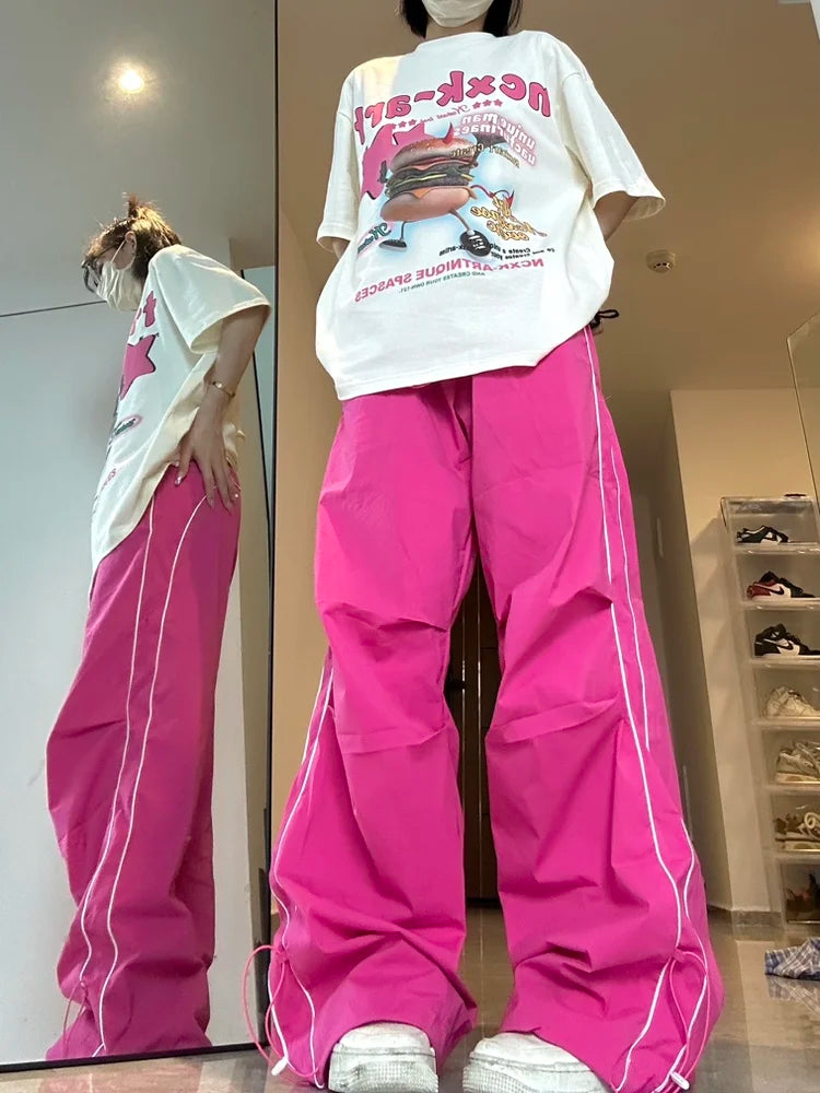 Y2K Pink Quick Dry Sweatpants Harajuku Kpop Oversized Wide Leg Sport Pant