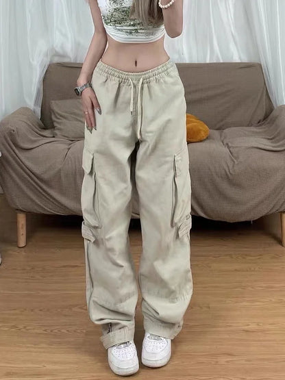 Y2K Retro Beige Cargo Vintage Streetwear Pockets Wide Leg Fashion Pant