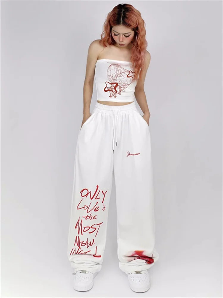 Y2K Streetwear White Sweatpants Letter Print Black Track Oversize Harajuku Joggers Pant