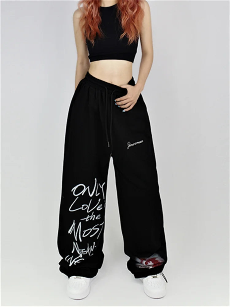 Y2K Streetwear White Sweatpants Letter Print Black Track Oversize Harajuku Joggers Pant