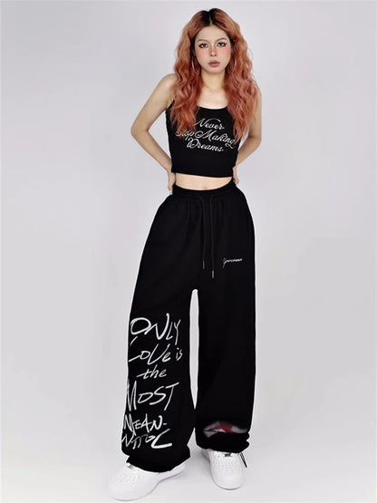 Y2K Streetwear White Sweatpants Letter Print Black Track Oversize Harajuku Joggers Pant