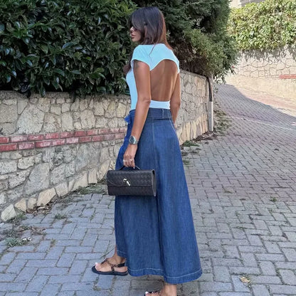 Denim Long Wrap Slit A-Line Style Elegant Holiday Skirt