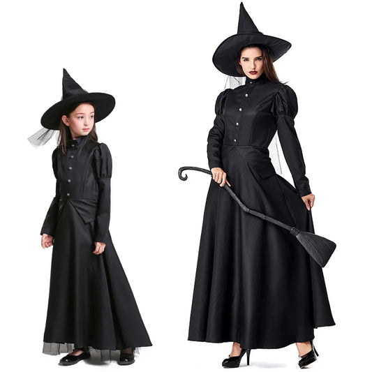 Halloween Wizard Deluxe Wicked Witch Costume Kids Adult Black Full Length Dress