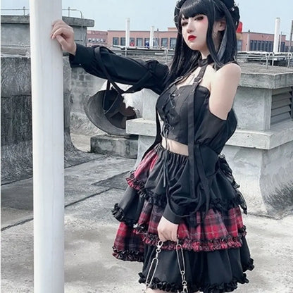 Harajuku Two-dimensional Dark Petticoat Cosplay Red Plaid Stitching High Waist A-line Spice Girl Rock Skirt